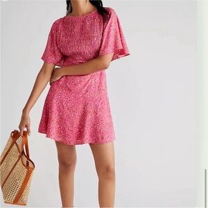 FREE PEOPLE Florence Ditzy Floral Flutter Sleeve Smocked Pink Mini Dress S